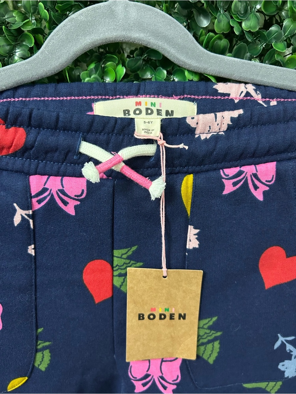 Mini Boden Girls Jogger Pants 5-6Y Navy Hearts Bows Print Sweatpants